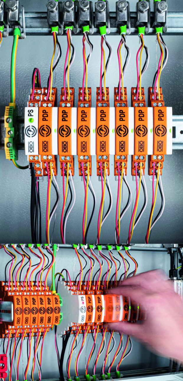 Der steckbare Datenleitungsschutz »PDP« (Plugable Dataline Protection) von Obo Bettermann bietet mit einer Bandbreite bis 100 MHz ein Blitzstromableitvermögen von 5 kA für MSR-Technik